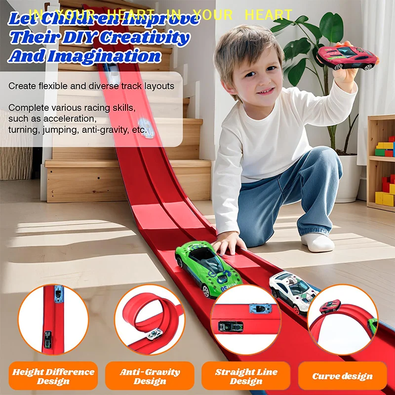 

【X】13 Ft And 16 Ft Flexible Race Track For Kids, Race Car Ramp Track With Suction Cups And 4 Small Racecars