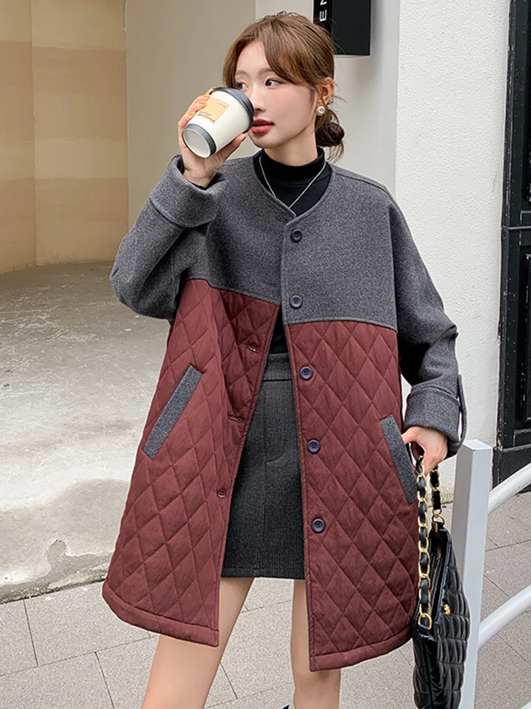 LANMREM Fashion Woolen Spliced Cotton Padded Coat Women's Round Neck Single Breasted Contrast Color Jackets Winter New 2VV1922