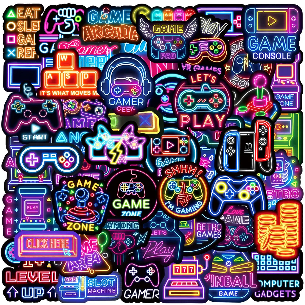 50 Stück Neon-Game-Controller-Graffiti-Aufkleber – wasserfeste Dekoration für Gepäck, Auto, Notebook, Skateboard, BulingBulingStickers Store
