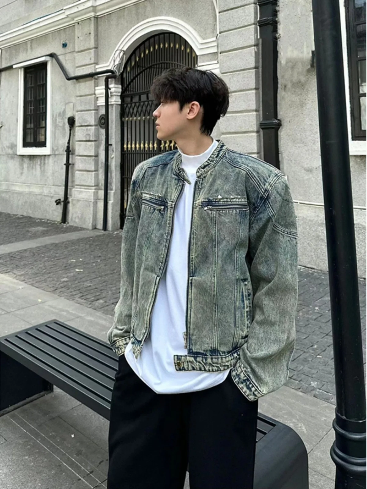 

Cleanfit американское ретро поясное оulder с мягкой подкладкой, бейсбольное джинсовое пальто, мужское повседневное джинсовое пальто на молнии, молодежное царство Sle