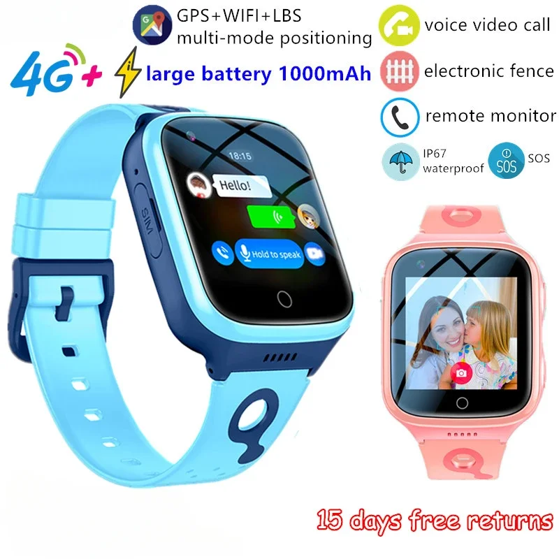 4G Kids Smart Watch Phone 1000mAh Waterproof IP67 Video Call SOS GPS LBS WIFI Location Tracker Remote Monitor Children Watch K9