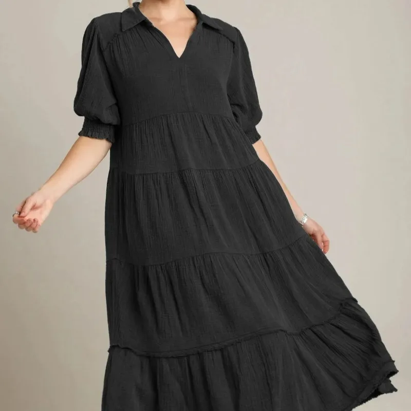 2026 New Fashionable and Comfortable Medium-sleeved V-neck Layered Dress for Women