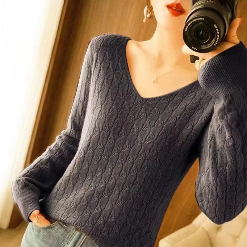 Women Fashion Elegant Hollow V-neck Long Sleeve Soft Knitted Sweater Autumn Winter Casual Solid Loose Basic Pullover Top Jumpers