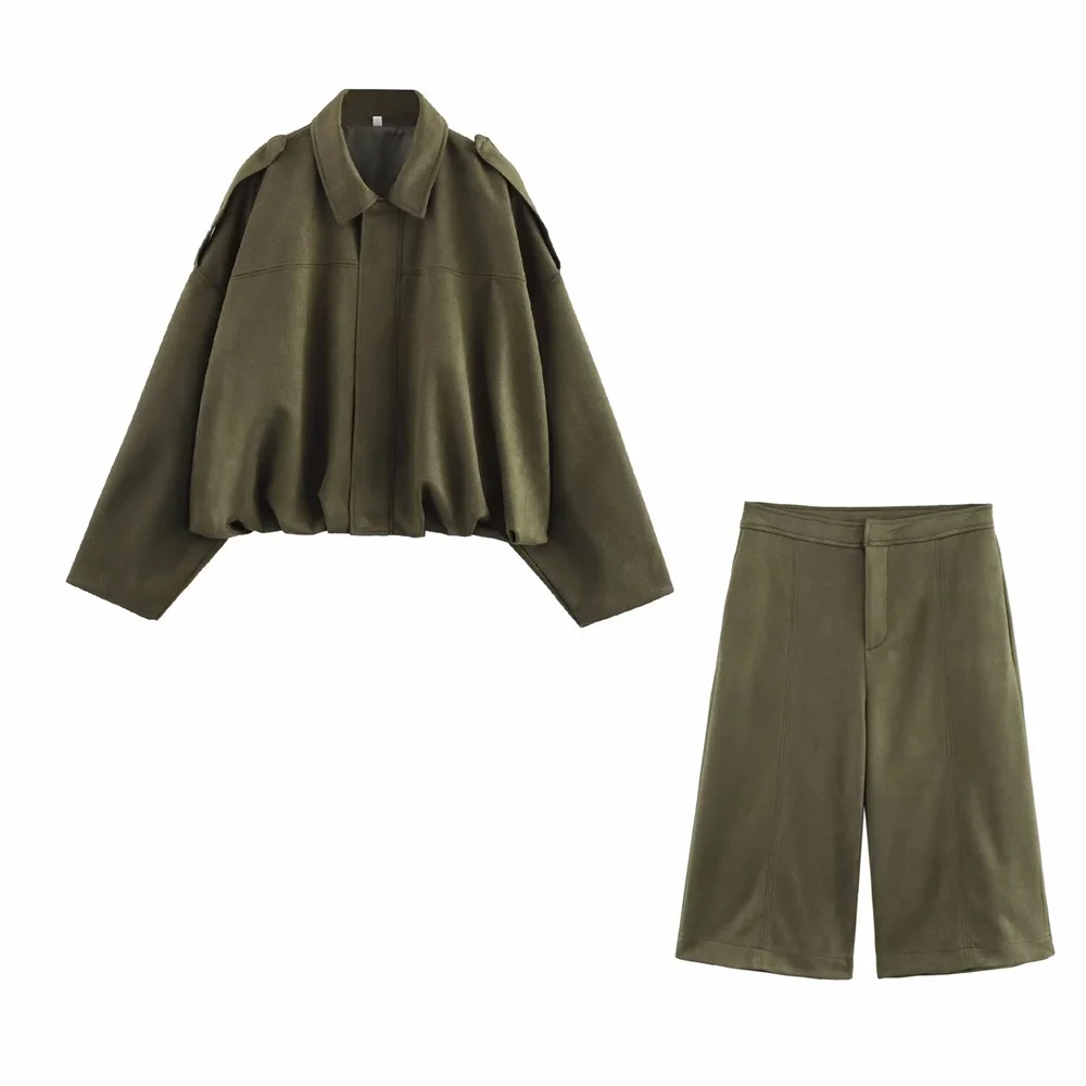 

Женская замшевая куртка-пилот с длинными рукавами и лацканами, весенние новые повседневные шорты с прямыми штанинами и высокой талией
