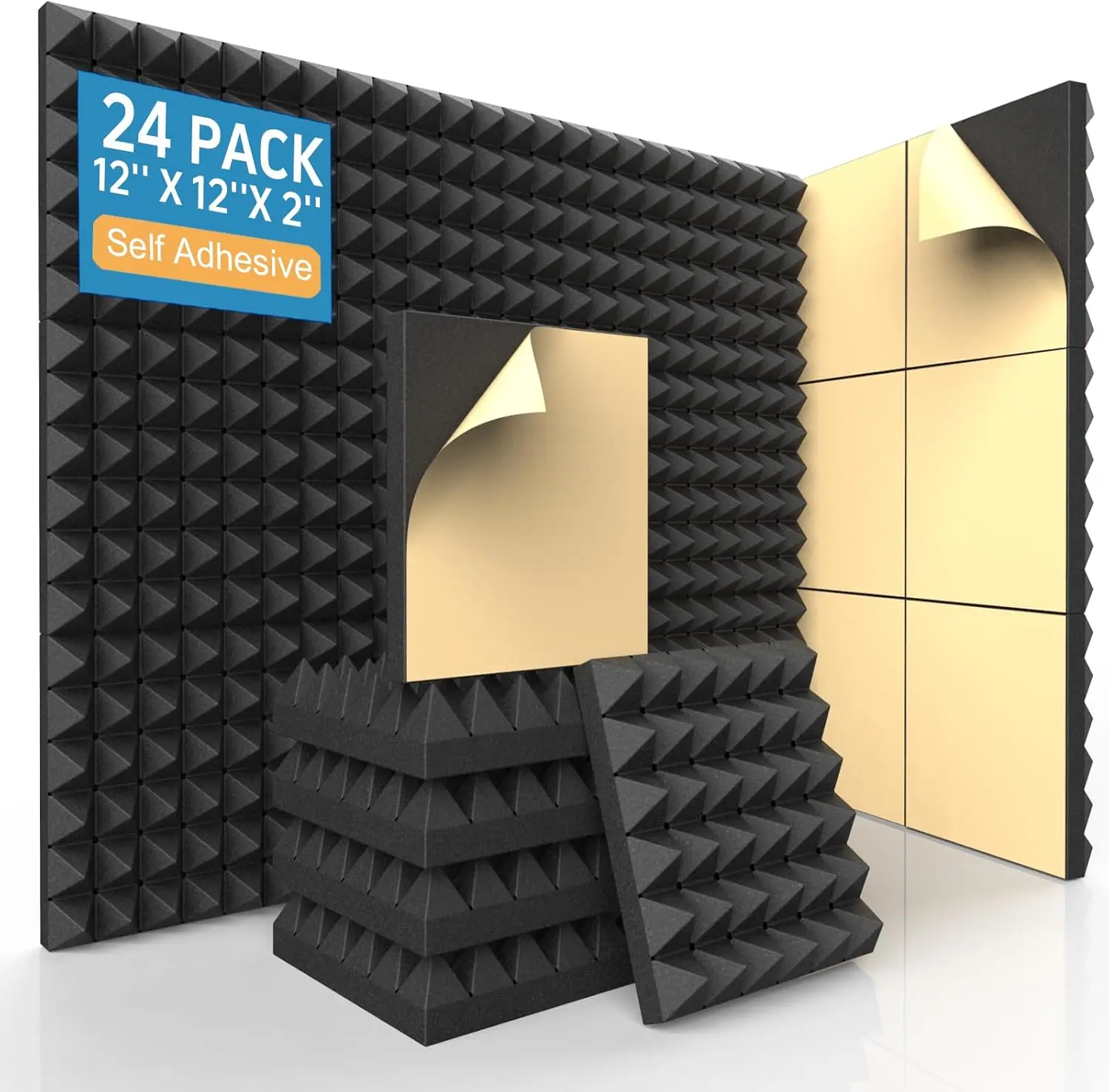 

24 Pack Self-Adhesive Acoustic Foam Panels, 12x12x2 Inches High Density Pyramid Soundproofing for Home Office Studio Walls