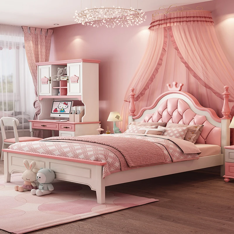 Children's Bed Girl Princess Bed 1.5 Single Bed Girl High Box Bed Children's Furniture Combination Set King Size Bed