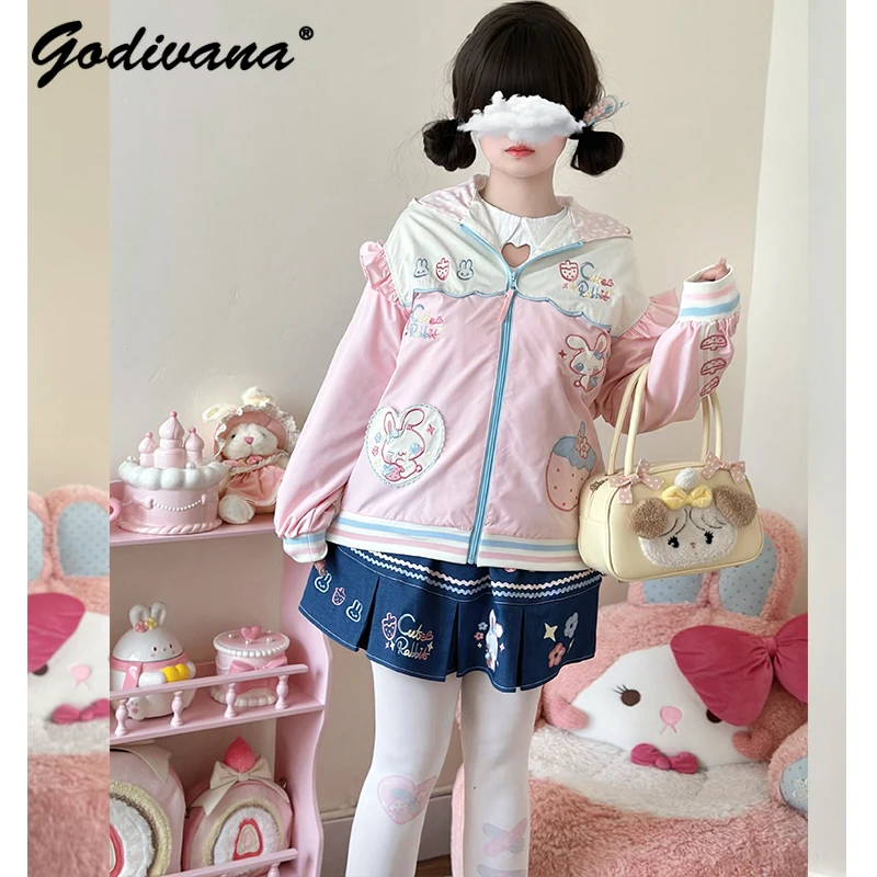 Original Cute Girl Strawberry Rabbit Ears Hooded Zipper Coat New Autumn Loose Windproof Jacket Embroidered Denim Skirt Outfits