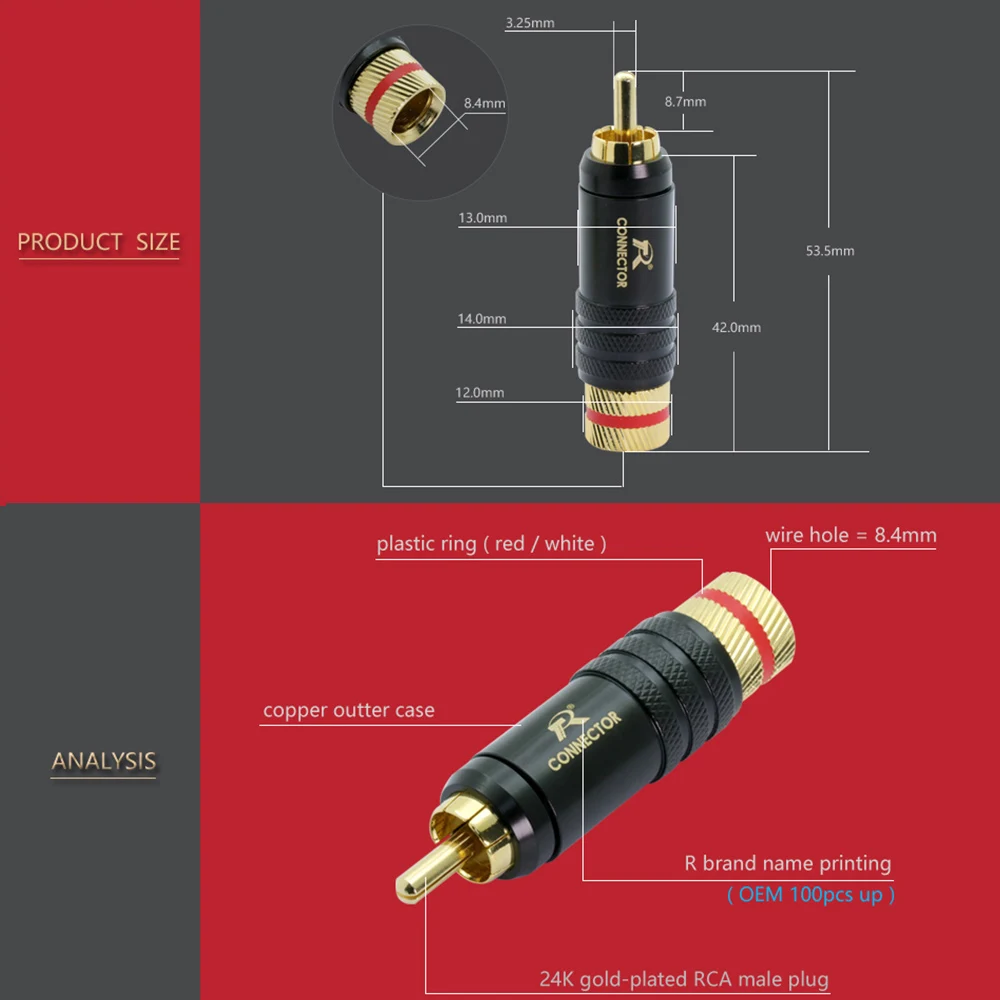 1Pair HIFI RCA Connector with Piano Paint, Brass Material with Gold Plated Audio Video HIFI Cable Terminals Connector