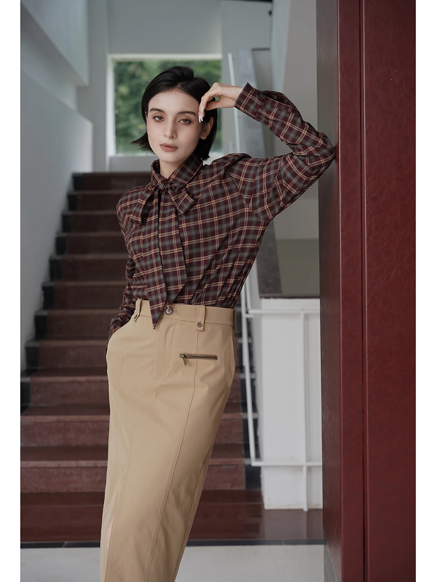 

Trendy Gentleman Plaid irt Women's Loose Faionable High-end Autumn Top Skin-friendly Breathable Long Sve Collar