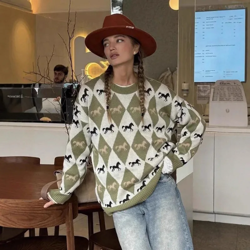 

Mingmingxi Autumn Winter Jacquard Sweater Pullovers Pony Pattern Knitted Sweater Round Neck Pullover Sweater for Women