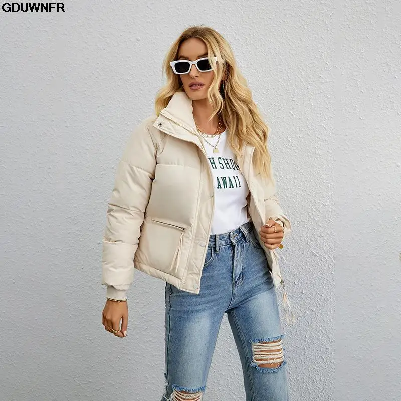 2023 New Women Short Winter Parkas Coat Korean Loose Standing Collar Cotton Padded Jacket Female Loose Zip Bread Coat Basic Coat