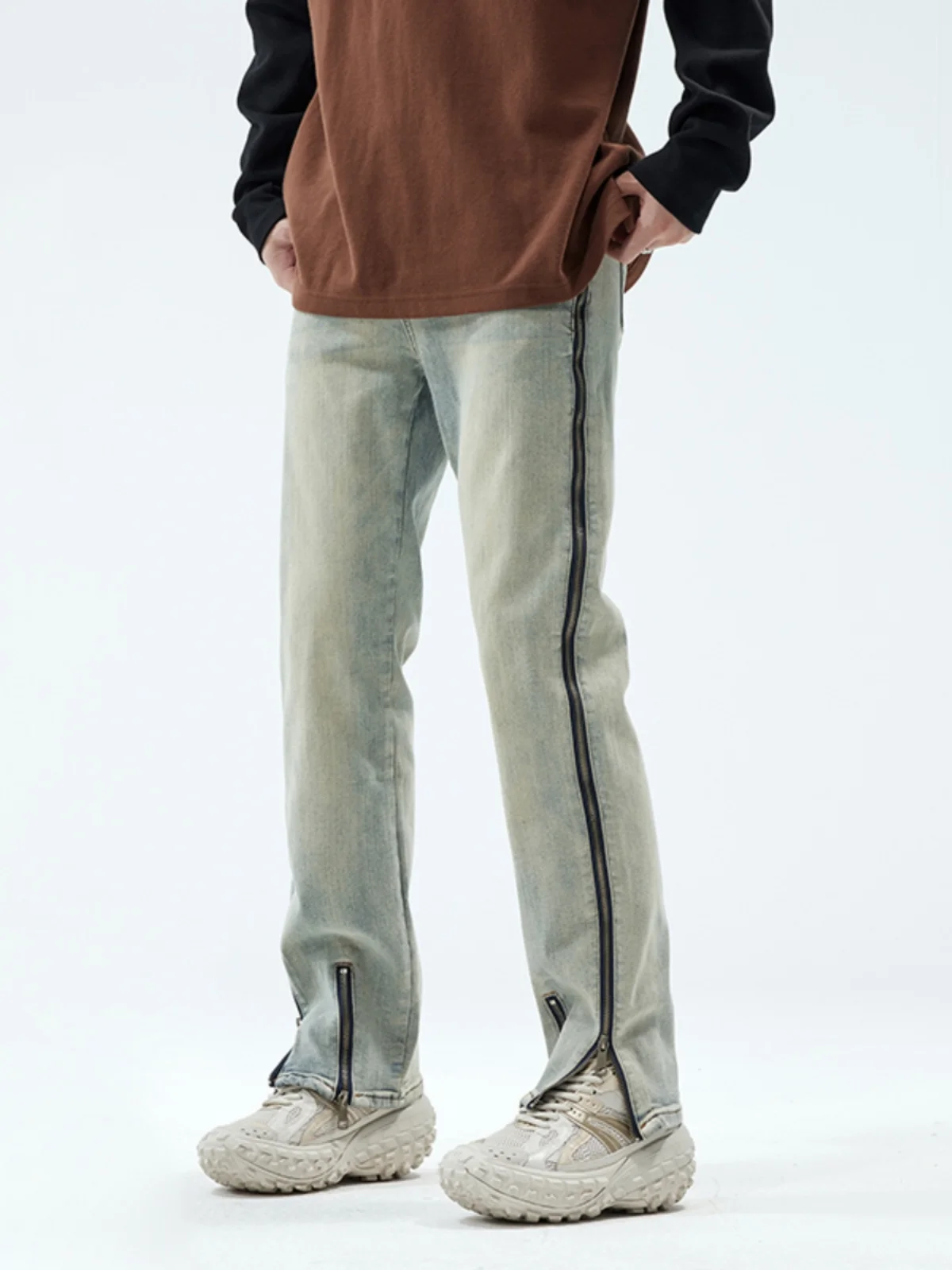 

Retro American High Street Stretch Denim Jeans Trendy Brand Loose Straight Stripe Zipper Slit Long Pants Casual Wear
