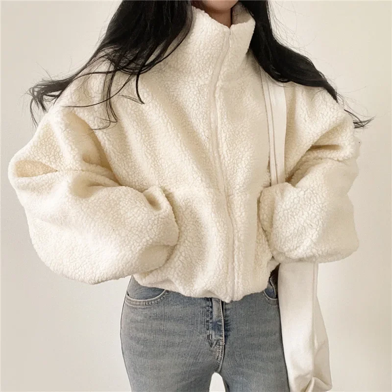 2024 Women Lamb Fleece Jacket Autumn Winter Zipper Outerwear Warm Plush Jackets Cardigan Harajuku Casual Loose Female Thick Coat