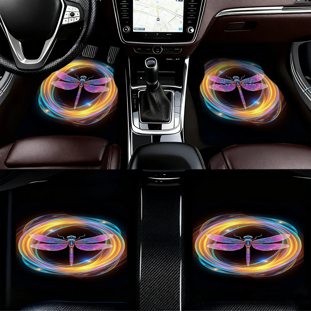 For Minivans Or Crossovers, 4pcs Vehicle Floor Mats Adorned With Psychedelic Neon Dragonfly Design, Providing Cleaning-Friendly