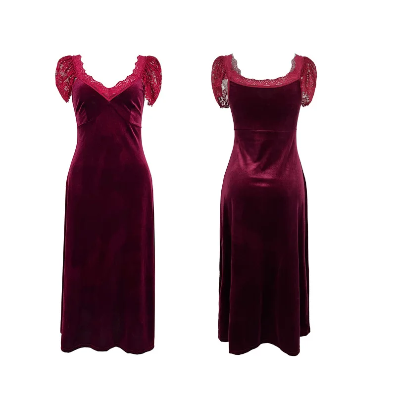Women Velvet Nightgown Cap Short Sleeve Floral Lace Trim V Neck Back Square Neck Slim Fit Soft Elegant Ladies Sleep Dress XGM4