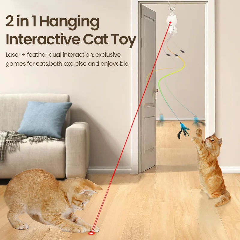 ROJECO Cat Toys Automatic 2 in 1 Cats Laser Toy Retractable Cat Stick Hanging Feather Pet Kitten Self-hey Interactive Fun Toy