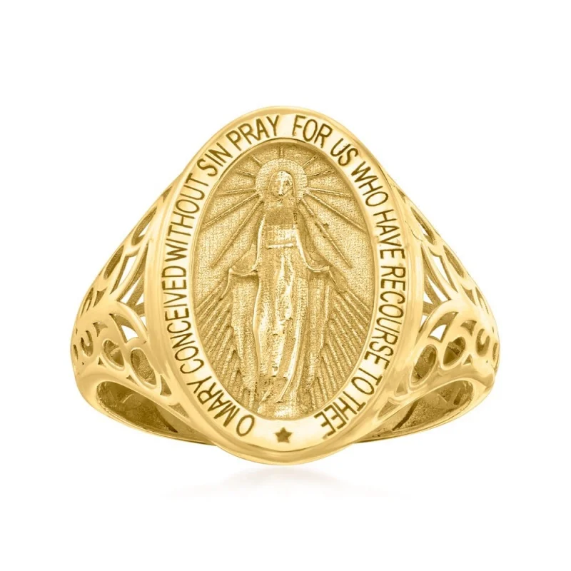 Bague vintage plaquée or avec motif Vierge Marie sculpté à la main pour femmes et hommes, accessoire de bijouterie classique pour la mode et les célébrations festives