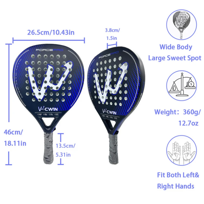 CWIN FORCE PRO 100% Carbon Fiber Padel Racket Large Sweet Spot 360g Paddle with Carry Bag for All Level Players