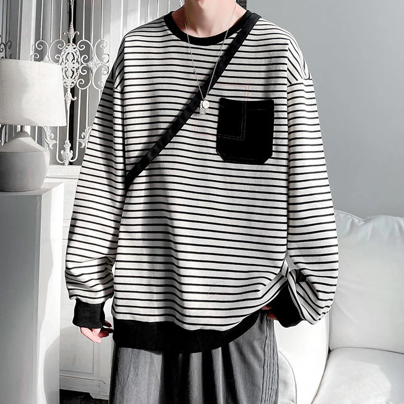 Spring Striped Long Sleeved Sweatshirts For Men Pocket Thin Fashion All-match Casual Teenager Loose Pullover T Shirt Black White