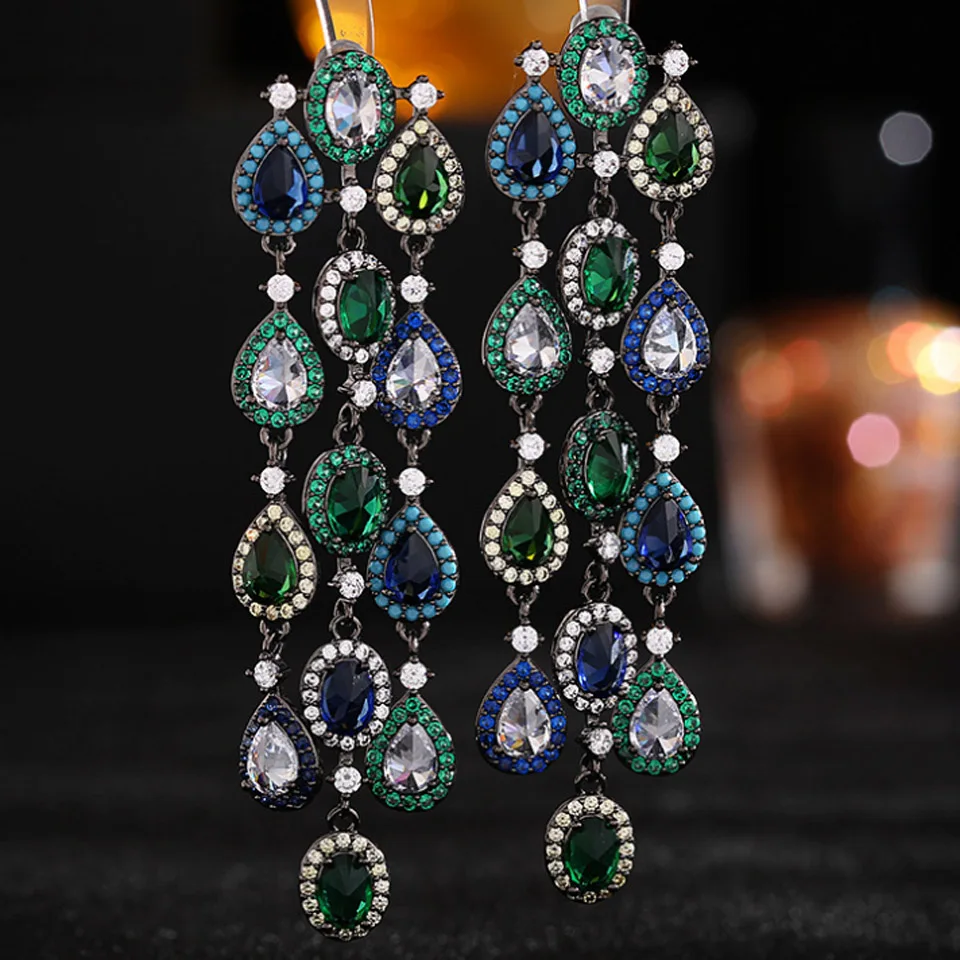 

Zlxgirl Stud Wedding Earrings jewellery For Women's Bridal Bijoux AAA Green Blue Cubic Zircon Long Earring Earing free shipping