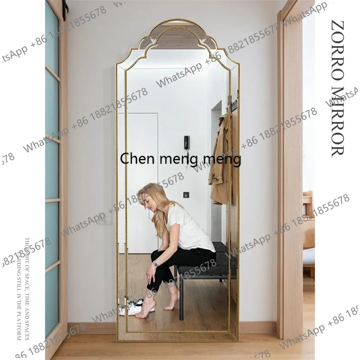 A139French light luxury retro full-length mirror full-length mirror wall-mounted bedroom European gold floor-to-ceiling mirror