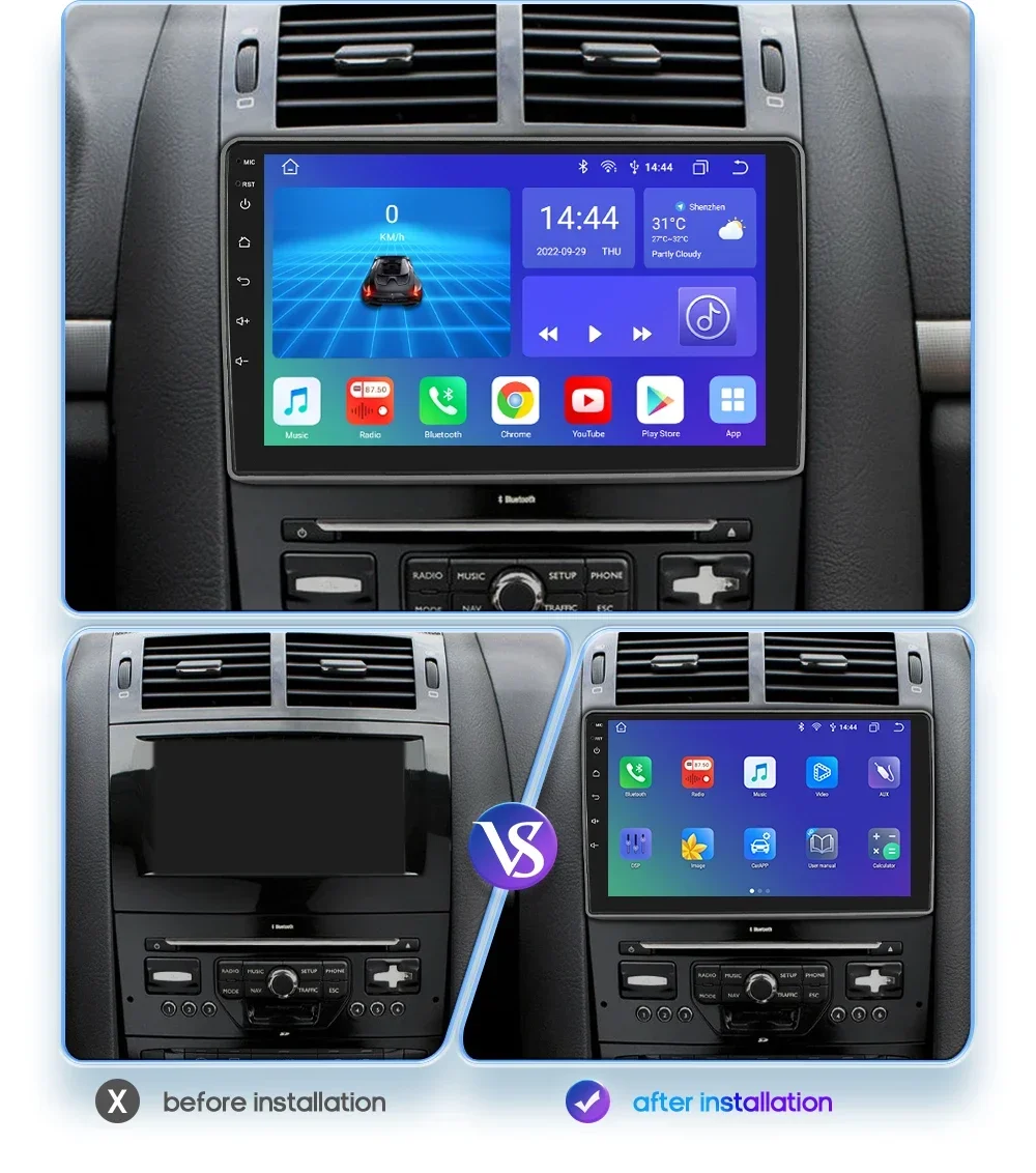 Hizpo 9 "Carplay 2 Din Android 13 voor Peugeot 407 1 2004 - 2011 Autoradio Multimedia Speler GPS Navigatie Stereo BT 4G RDS DSP