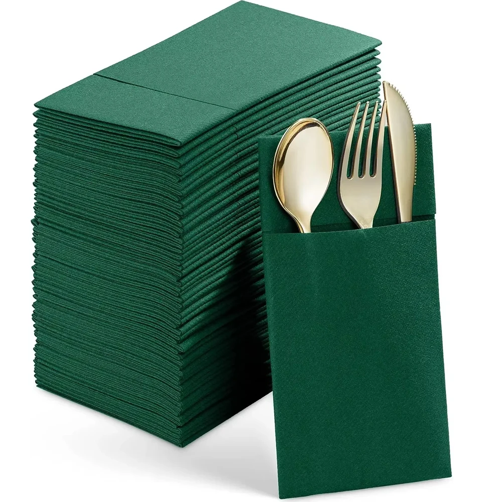 50 PCS Disposable Linen-Feel Dinner Napkins with Built-in Flatware Pocket Prefolded Cloth Like Paper Napkins for Wedding Party