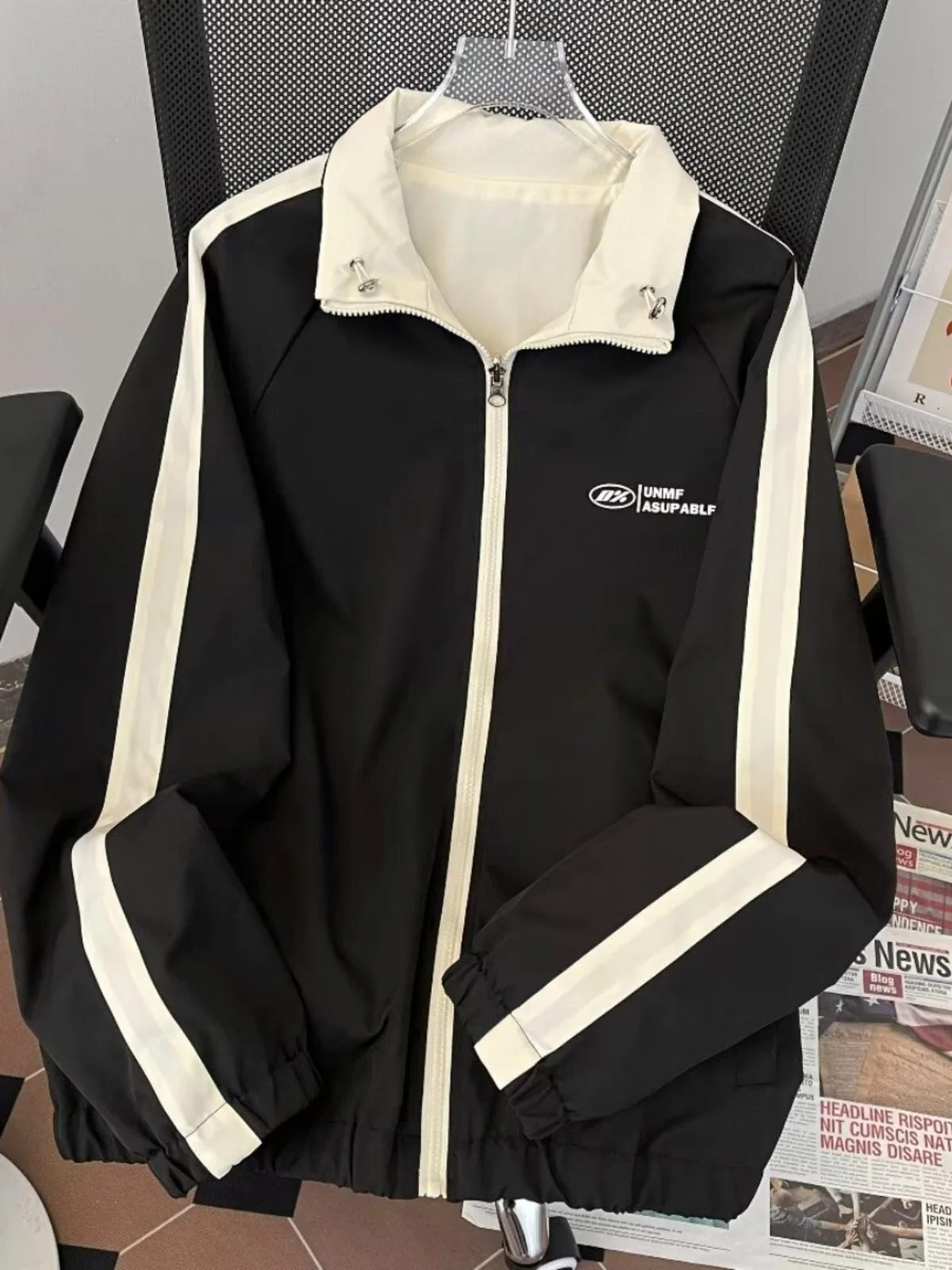 

ex Double-Sided Wearable Stand Collar Jaet Loose Fit Spor Casual Windproof Chinese Brand Printed Long Sve Zipper C...