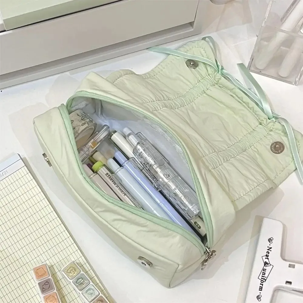 INS Bow Drawstring Pen Bag Large Capacity Ballet Style Solid Color Pencil Case Multi-functional Organizer Stationery Storage Bag