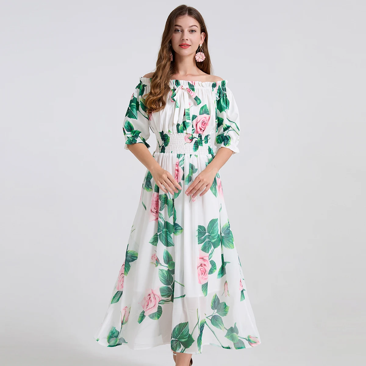 

New Spring Summer Women Sexy Slash Neck Half Sleeve Elastic Waistband Slim Long Dress High Quality Elegant Floral Chiffon Dress