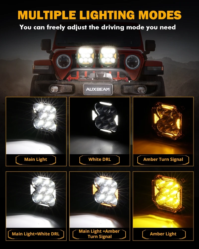 AUXBEAM CUBE-Z SERIES 4 inch LED Work Pod Light with Amber / Black Cover OFFROAD LIGHTS WITH WHITE DRL  AMBER TURN SIGNAL LIGHTS