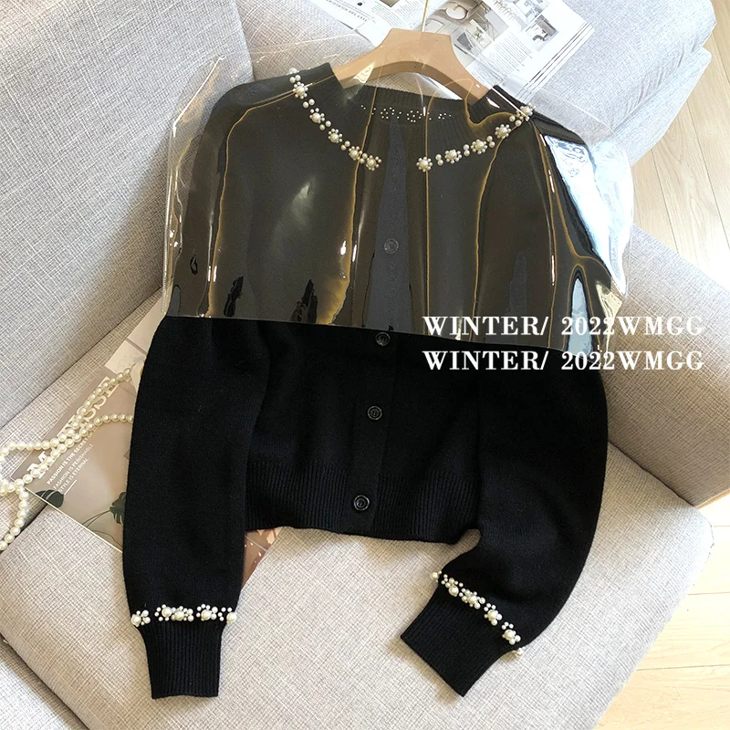 Black Pearl Beading Chic Korean Knit Sweater Cardigan Women 2022 Autumn Fashion Loose Ladies Tops Long Sleeve O-neck Jumpers