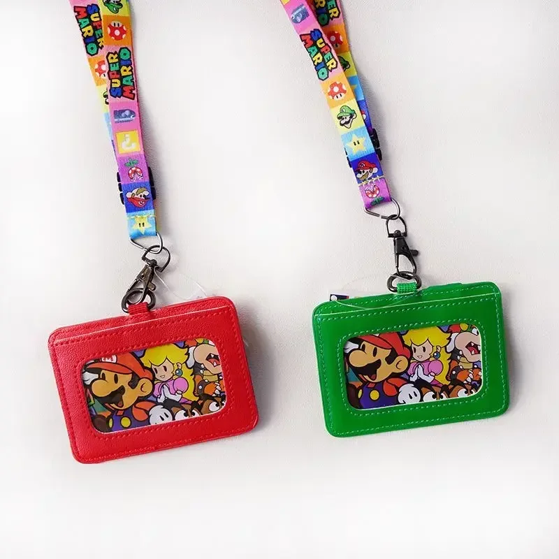 Super Marios Bros Card Holder PU Leather Lanyard Anime License Students Bus Campus Meal Credit ID Case Kids Creative Card Cover