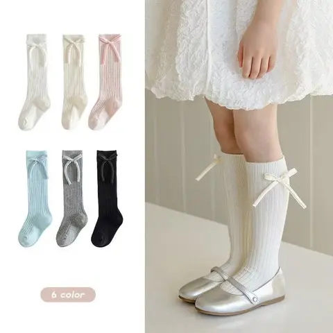 1 쌍 달콤한 공주 어린이 양말 캔디 솔리드 컬러 부드러운 통기성 코튼 보우 타이 소녀 튜브 양말 패션 학교 어린이 양말