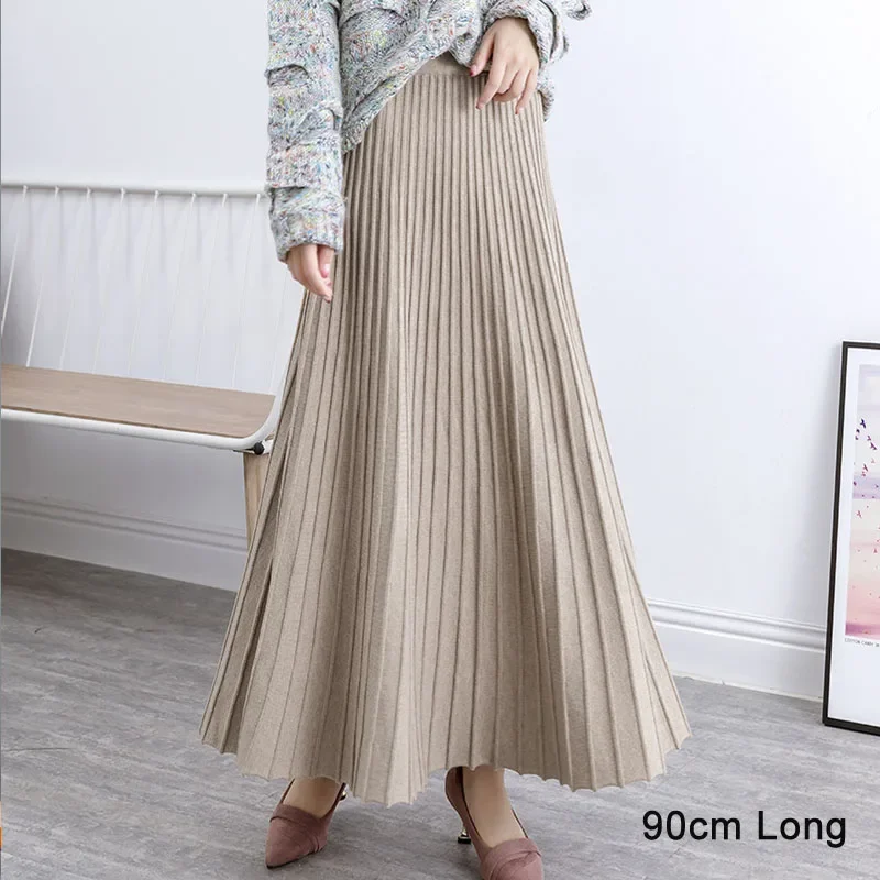 SETWIGG Women\'s Autumn Draped  Rib Pleated Long Knitted Skirt Elegant Winter Wool Blend A-line Long Knit Skirt Elastic Waist