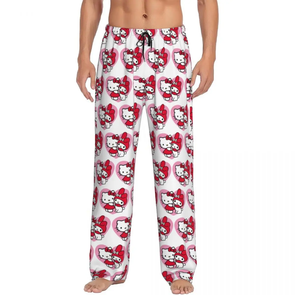 Custom Cartoon Anime Hello Kitty Pajama Pants Sleepwear Men Elastic Waistband Sleep Lounge Bottoms with Pockets