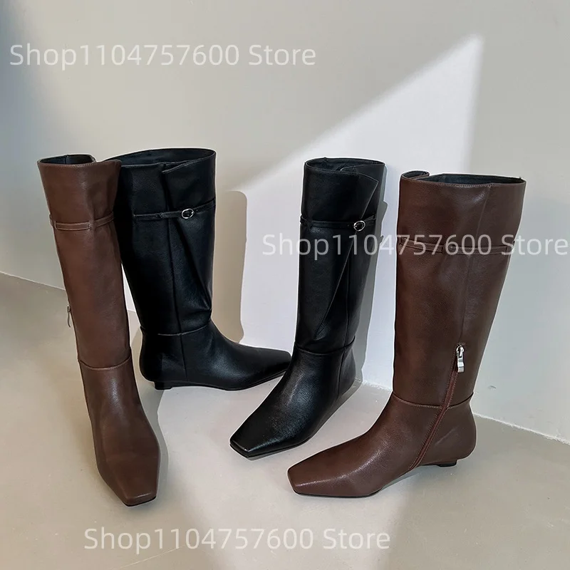 

Женские кожаные сапоги до колена с пряжкой и ремешком, элегантные женские туфли на низком каблуке с квадратным носком, осенняя повседневная уличная женская обувь в стиле ретро