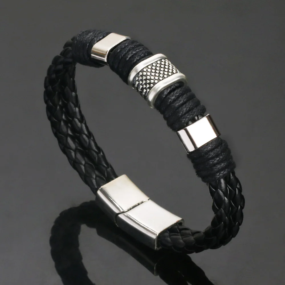 Bracciale da uomo punk intrecciato in vera pelle blu Bracciale con fibbia magnetica in acciaio inossidabile nero Bracciale punk Gioielli Regali maschili