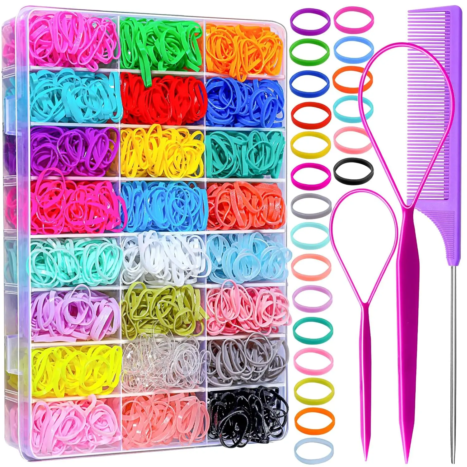 

1500 Pcs Elastic Hair Bands Set, 24 Colors Small Rubber Ties for Girls Kids Toddlers, with Storage Case and Styling Tools