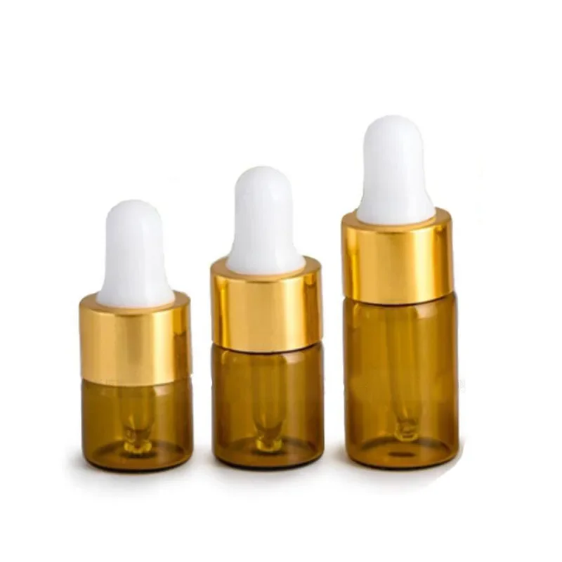 10Pcs 1/2/3 ml Amber Glass Essential oil Aromatherapy Dropper Bottles Gold Aluminum Cap Reagent Drop Eye Liquid Pipette Bottle