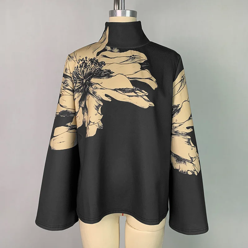 Gymystars High Neck Tops Female Autumn Flower Print T-Shirts New Casual Black Flared Sleeves Elegant Woman Clothing Wear Outside