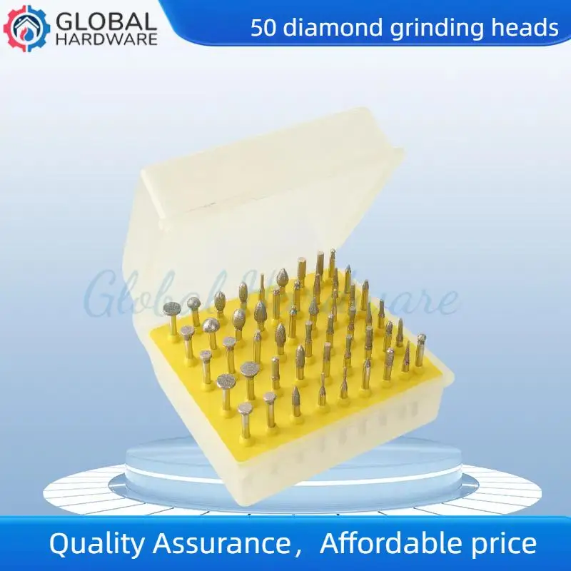 50 buah set kepala burr pemoles berlian, aksesori penggilingan listrik, alat berputar untuk mengukir batu giok dan batu