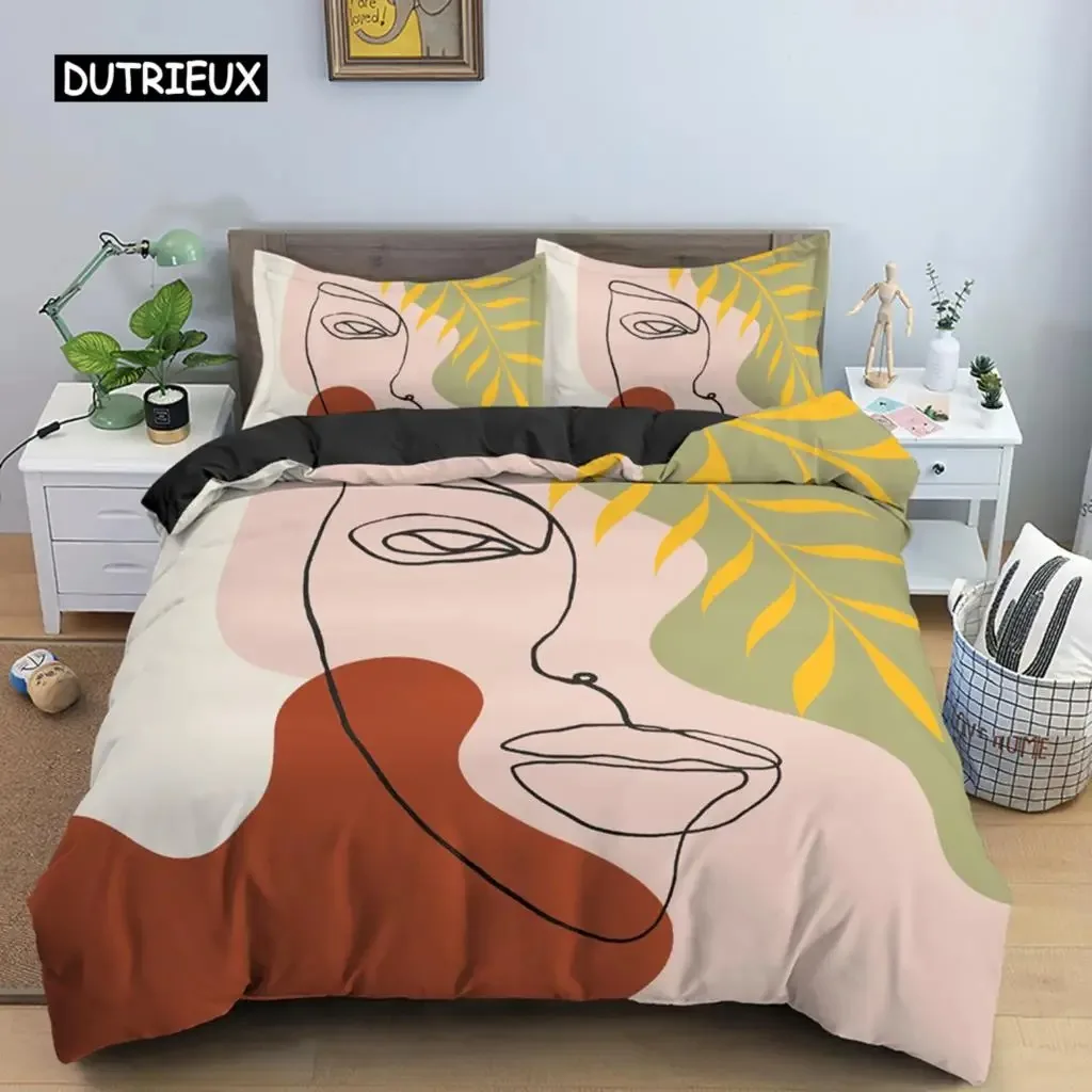 

Nordic Line Figure Portrait Bedding Set Abstract Character Duvet Cover King Size Quilt Cover Polyester Modern Style Room Decor