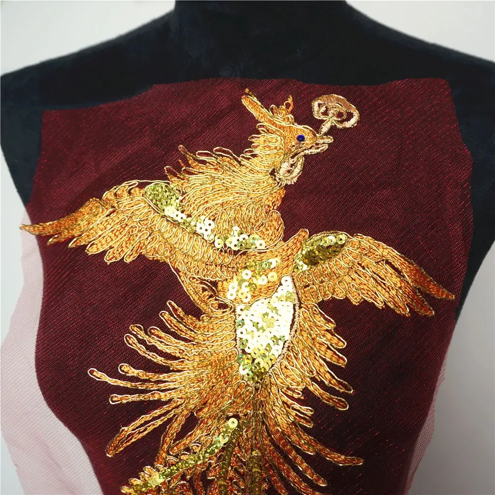 Gold Sequins Phoenix Bird Red Mesh Embroidered Wedding Gown Appliques Lace Trims Sew On Patches For Dress DIY Decoration