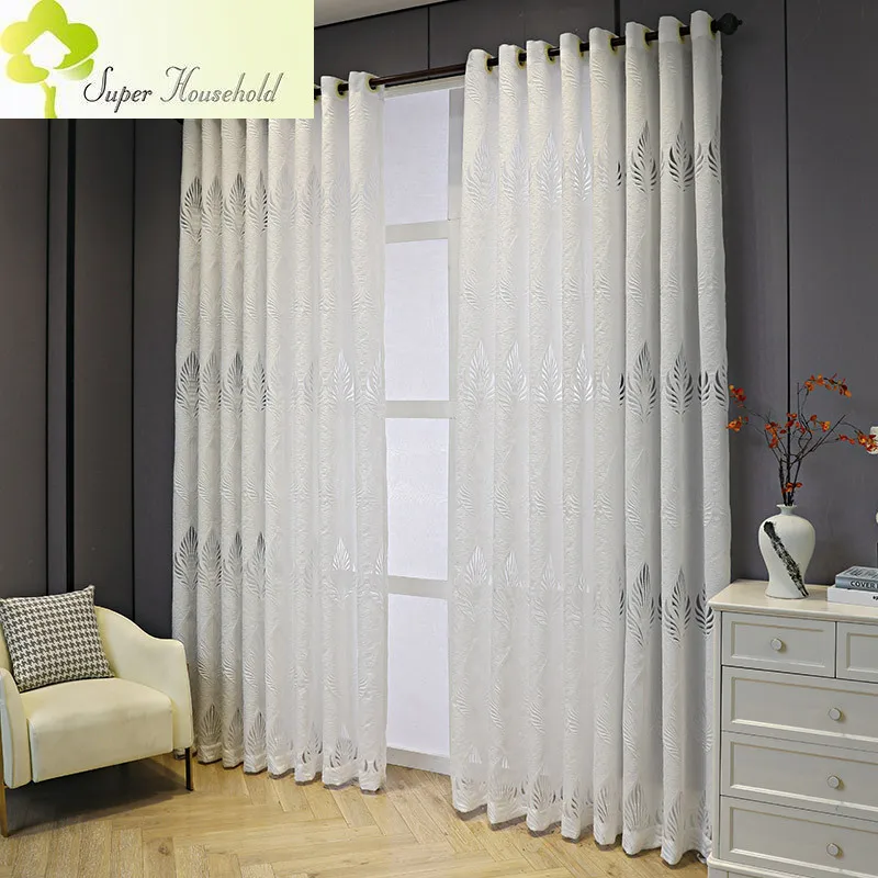 Modern Simple White Window Screen Sheer Curtains for Living Room Bedroom Hollow Leaf Tulle for Kitchen Door Balcony