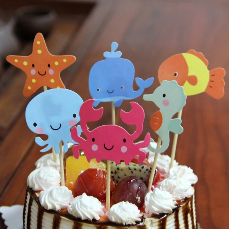 [24pcs] Ocean Animal Cupcake Toppers Under Sea Birthday Party Cake Decorations Baby Shower Girls Mermaid Themed Party Supplies