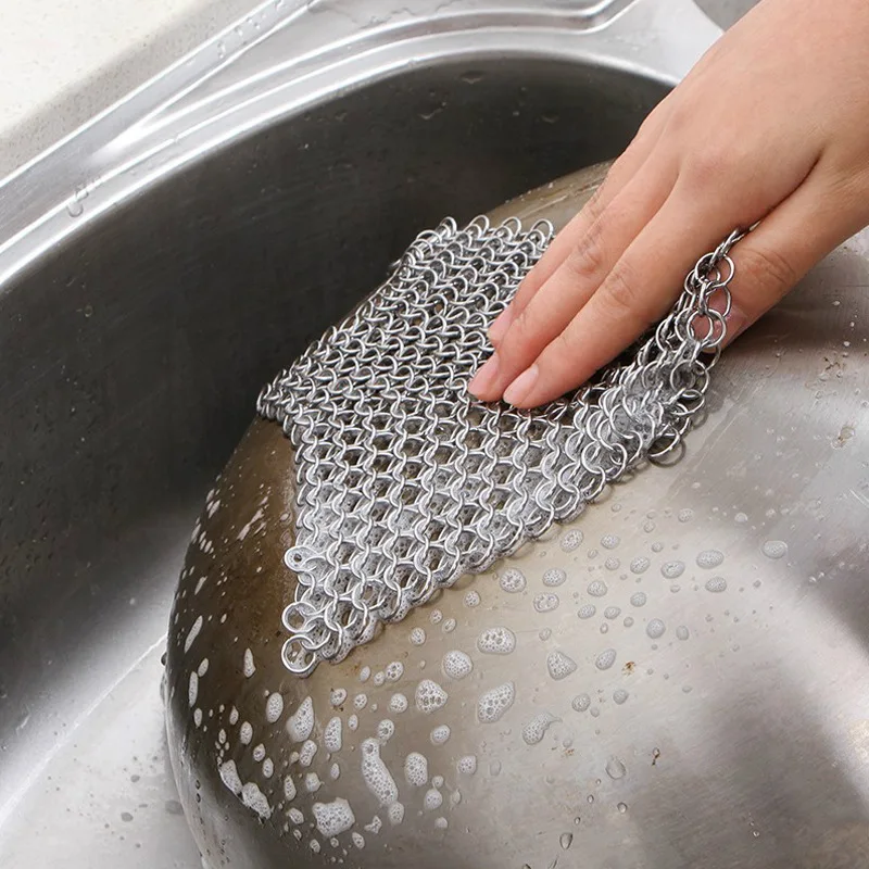 Cast Iron Scrubber Chainmail Cleaner for Cast Iron Pans, Stainless Steel Chain Mail to Clean Cast Metal Chain Cleaning Mesh