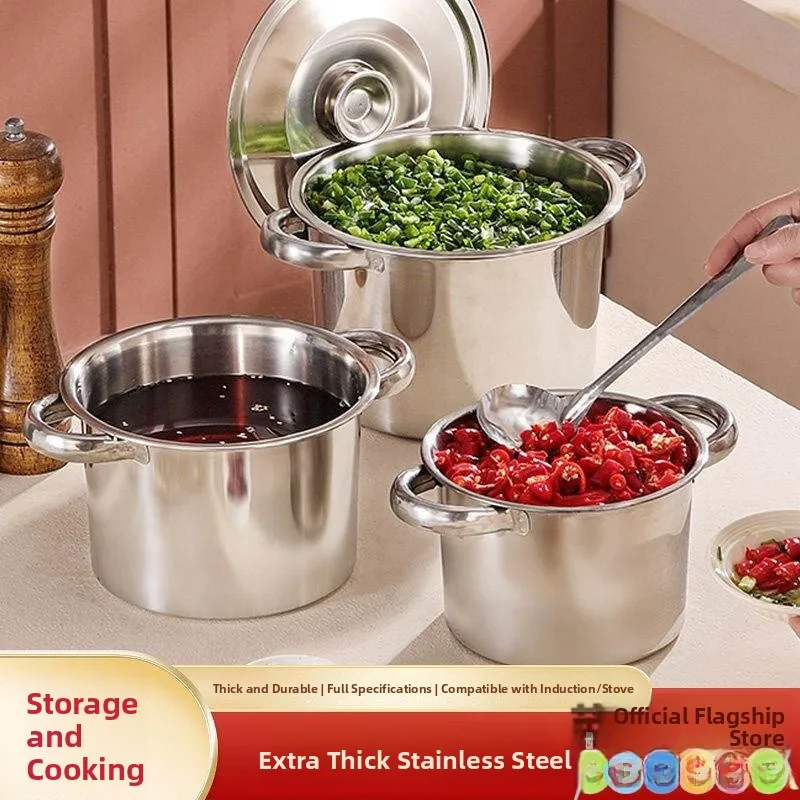 Olla de Sopa de Acero Inoxidable Engrosado con Asas y Tapas, Utensilios de Cocina Estilo Chino Yum Goong, Forma Redonda