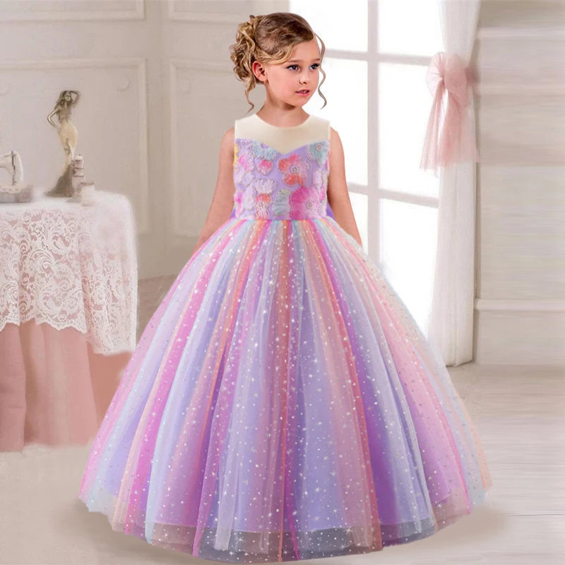 New Girls' Pearl Sequin Princess Dress 4-12 Years Old Bow Long Puffy Dress Banquet Host High end Flower Girl Evening Dress