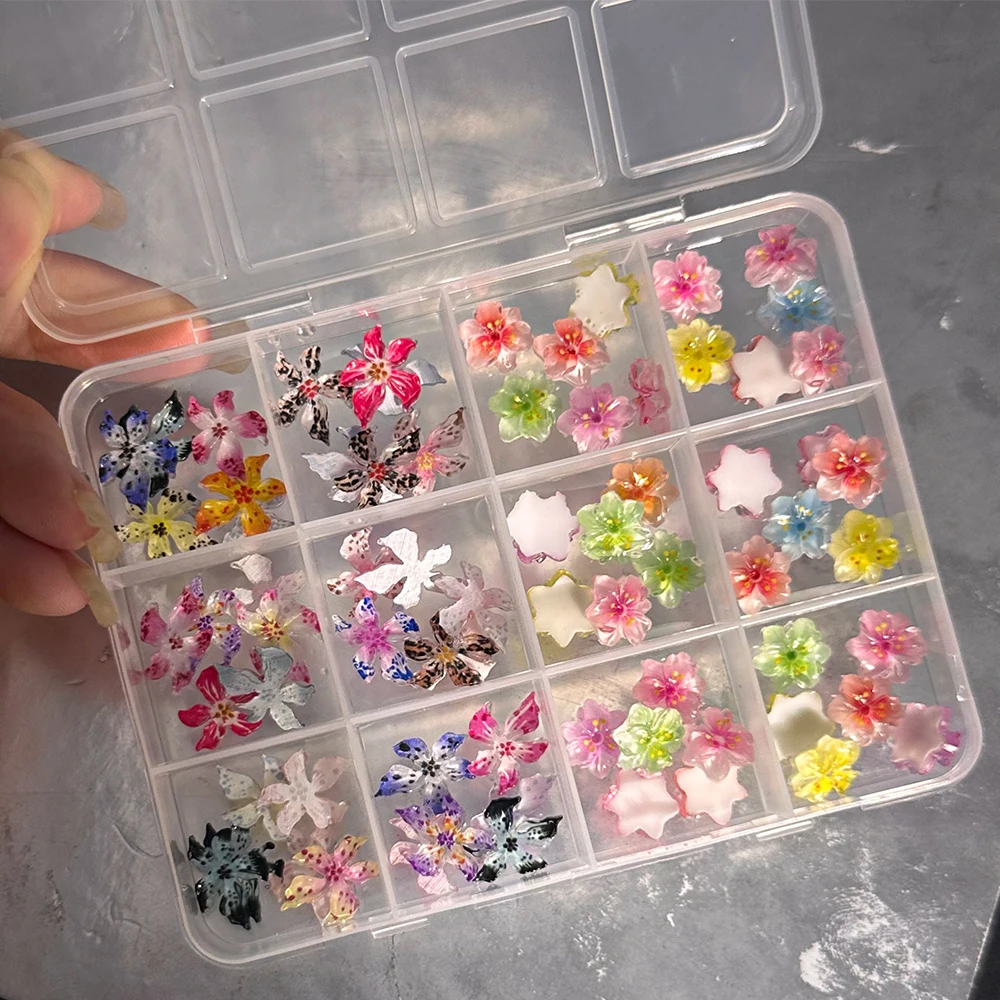 72Pcs/Box 3D Sakura Lily Soft Spotted Flowers Nail Charms Ice Crystal Gradient Leopard Print Flower Nail Rhinestone DIY Manicure